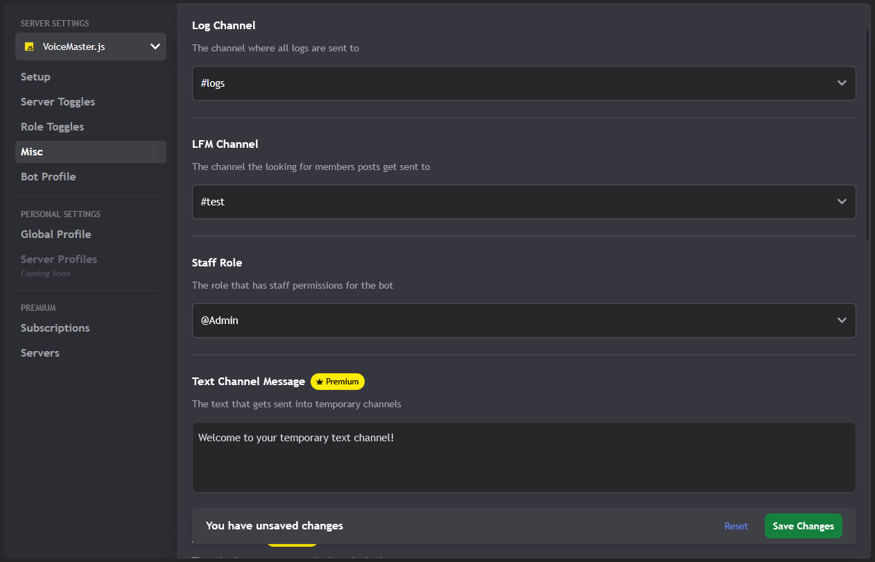 Miscellaneous Settings Page