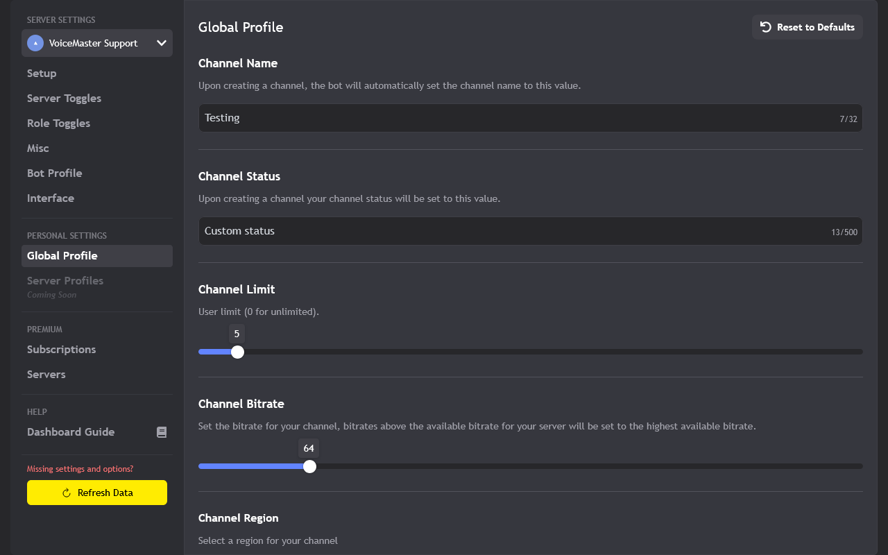 Global profile settings