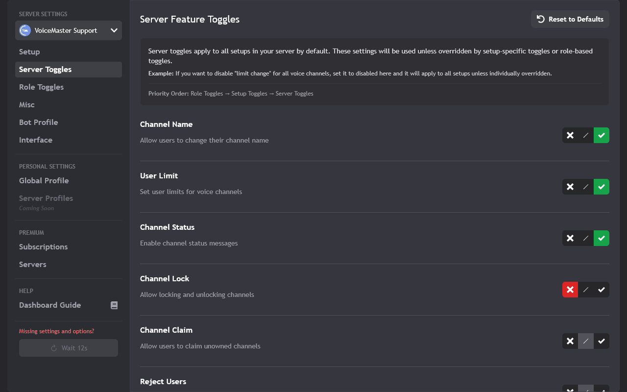 Server feature toggles